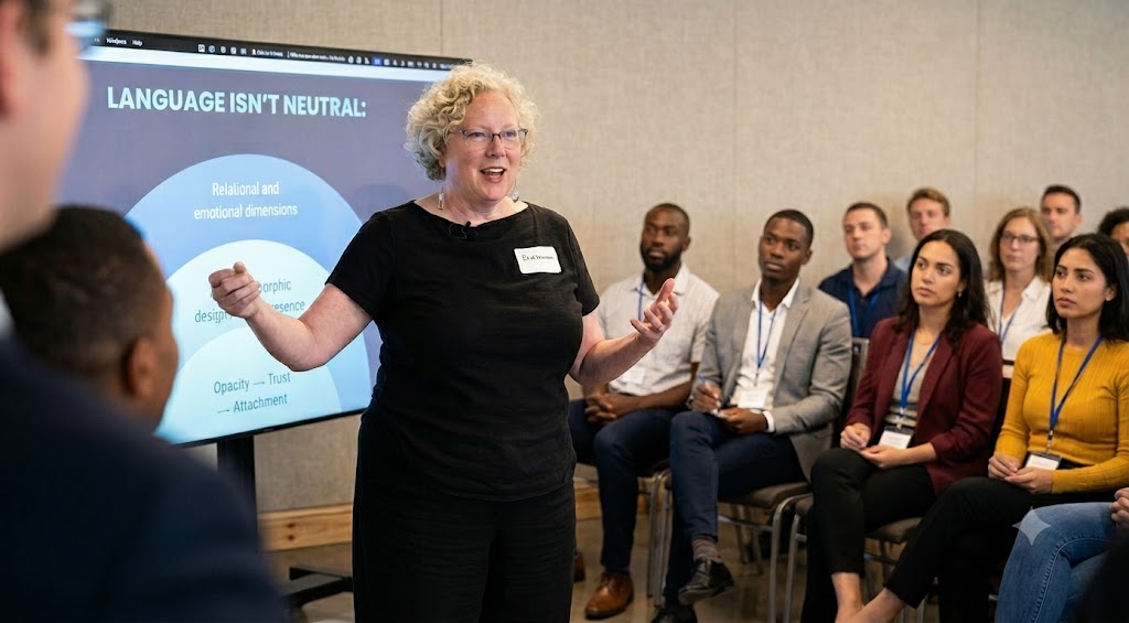 Erika Lenz teaching a workshop, gesturing beside a slide on how language isn't neutral, with participants seated around her